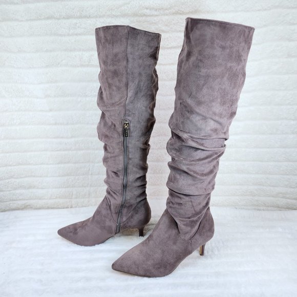 Autumn Pointy Toe Low Kitten Heel Slouchy Knee High Boots Taupe Faux Suede - Picture 4 of 10